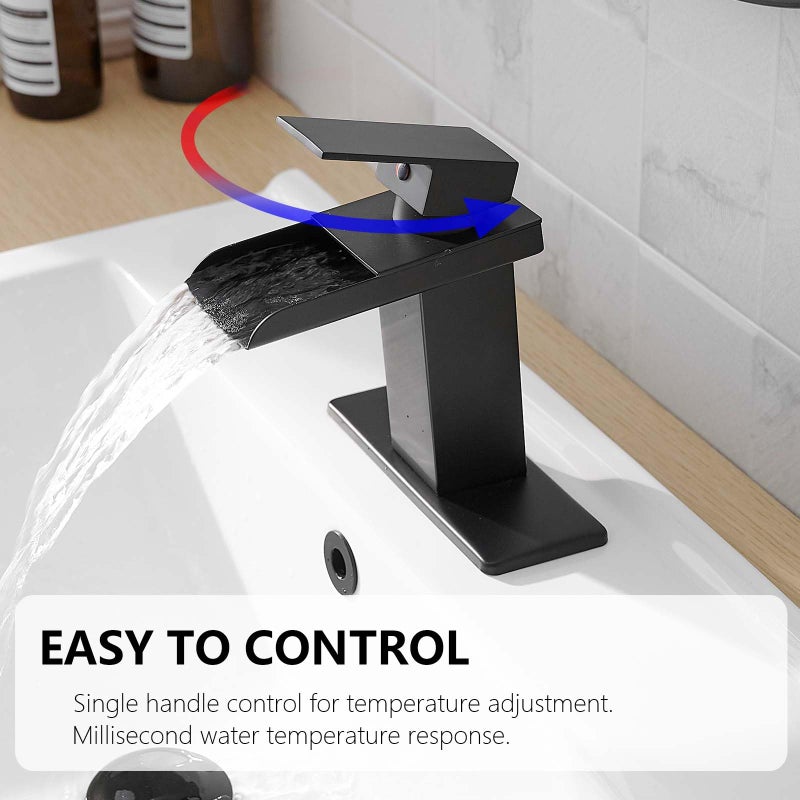 BATHLAVISH Waterfall Bathroom Faucet Single Hole, Matte Black Single Handle Bathroom Faucets for 1 or 3 Hole Sink Faucet w/Pop Up Drain Mixer Tap Basin Deck Supply Hoses - Image 3